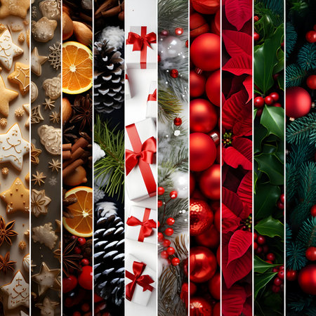 Colorful abstract background with seasonal and winter stripes with plant, leaf, ball, cone, spice, sweets and gifts texture. Horizontal composition. Concept of Christmas, holiday and New Year.の素材