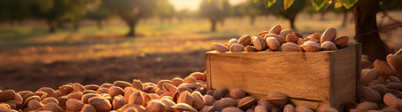 Pecan nuts harvested in a wooden box in a plantation with sunset. Natural organic fruit abundance. Agriculture, healthy and natural food concept.の素材