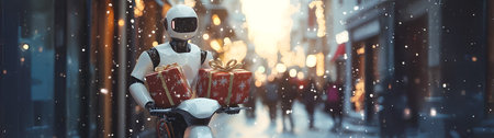 Robot riding his scooter carrying gifts on the street in the city. Concept of technology, delivery, logistics, innovation and Christmas.の素材