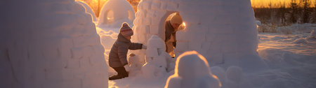 Group of children building igloo in winter countryside with snow covered surface, trees and sunset in the background.の素材