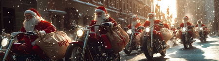 Group of Santa Clauses riding motorcycles carrying gifts on the town street in winter. Concept of technology, delivery, logistics, innovation and Christmas.の素材