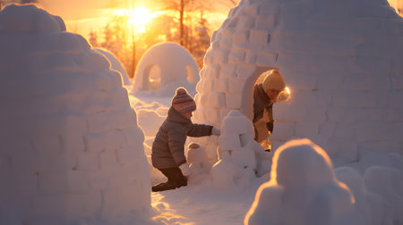 Group of children building igloo in winter countryside with snow covered surface, trees and sunset in the background.の素材