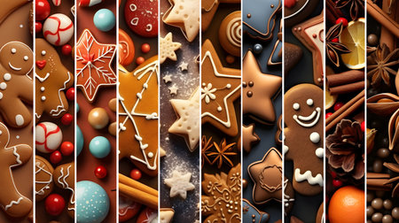 Colorful abstract background with Christmas sweet, gingerbread piece and cookie stripes. Concept of Christmas, holiday and New Year food. Horizontal composition, banner.の素材