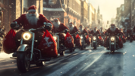 Group of Santa Clauses riding motorcycles carrying gifts on the town street in winter. Concept of technology, delivery, logistics, innovation and Christmas.の素材
