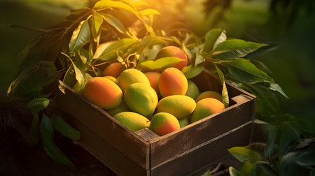 Mango harvested in a wooden box with orchard and sunshine in the background. Natural organic fruit abundance. Agriculture, healthy and natural food concept. Horizontal composition.の素材