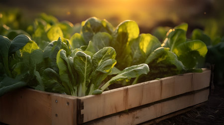 Pak Choi salad in a wooden box with field and sunset in the background. Natural organic fruit abundance. Agriculture, healthy and natural food concept. Horizontal composition.の素材