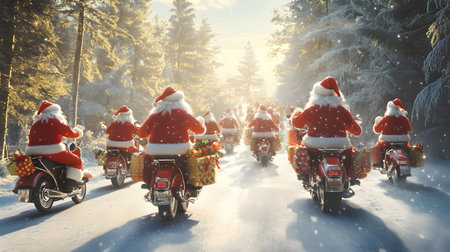 Group of Santa Clauses riding motorcycles carrying gifts in winter forest and sunset in the background. Concept of technology, delivery, logistics, innovation and Christmas.の素材