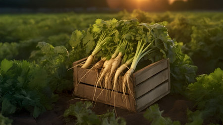 Parsley harvested in a wooden box with field and sunset in the background. Natural organic fruit abundance. Agriculture, healthy and natural food concept. Horizontal composition.の素材