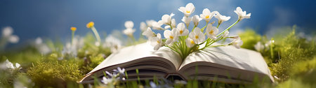 Opened book with growing spring flowers on a meadow with grass growing through the melting snow. Concept of spring coming and winter leaving, education, knowledge and learning.の素材