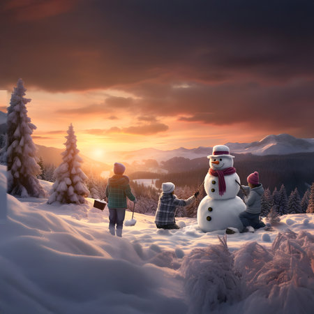 Three children building and playing with snowmen in winter countryside with snow covered surface, trees, mountains and sunset in the background.の素材