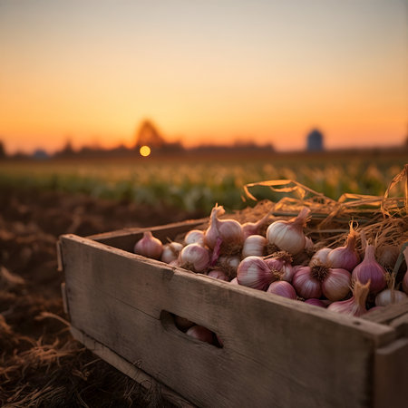 Garlic harvested in a wooden box with field and sunset in the background. Natural organic fruit abundance. Agriculture, healthy and natural food concept. Square composition.の素材