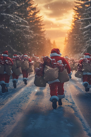 Large group of Santa Clauses with gifts running on the road in winter forest covered with snow. Concept of Christmas celebration, tradition and winter season.の素材