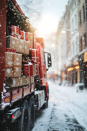 Closeup of Christmas decorated car carrying gifts on the street in winter town covered with snow. Concept of Christmas delivery, cargo and shipping.の素材
