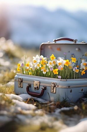 Vintage suitcase with spring flowers and blooms lying on the meadow with the rests of melting snow and grass growing. Concept of spring coming and winter leaving.の素材