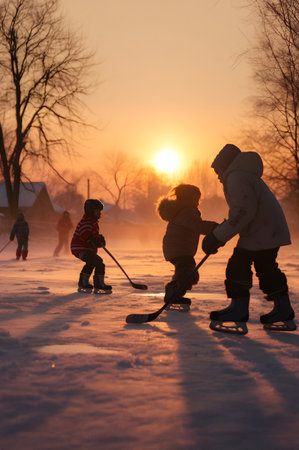 Group of children playing ice hockey on frozen lake in winter surrounded by trees and sunset in the background.の素材