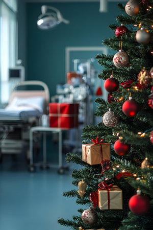 Decorated Christmas tree with gifts inside a hospital with medical appliances in the background. Concept of Christmas celebration during working.の素材