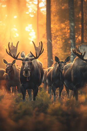 Group of moose in the forest in summer evening with setting sun.の素材