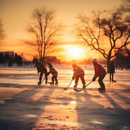 Group of children playing ice hockey on frozen lake in winter surrounded by trees and sunset in the background.の素材