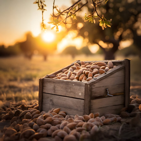 Almond nuts harvested in a wooden box in a plantation with sunset. Natural organic fruit abundance. Agriculture, healthy and natural food concept. Vertical composition.の素材