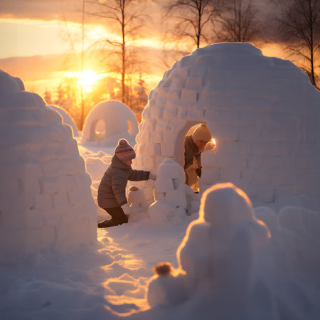 Group of children building igloo in winter countryside with snow covered surface, trees and sunset in the background.の素材