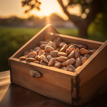 Brazil nuts harvested in a wooden box in a plantation with sunset. Natural organic fruit abundance. Agriculture, healthy and natural food concept. Vertical composition.の素材