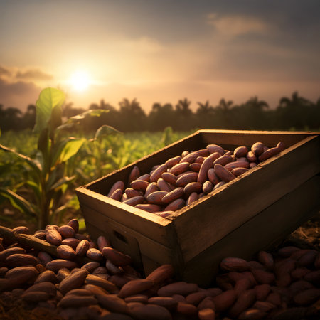 Cocoa beans harvested in a wooden box in a plantation with sunset. Natural organic fruit abundance. Agriculture, healthy and natural food concept. Horizontal composition.の素材