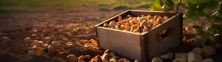Cashew nuts harvested in a wooden box in a plantation with sunset. Natural organic fruit abundance. Agriculture, healthy and natural food concept. Square composition.の素材