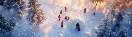 Aerial view of children building igloo in winter forest with snow covered surface, spruce trees and sunshine in the background.の素材