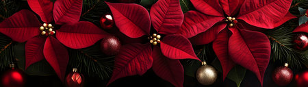 Abstract background with red Poinsettia leaves. Horizontal composition, banner.の素材