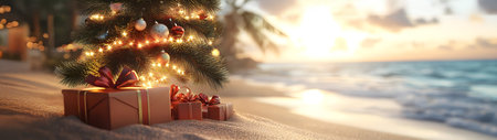 Decorated Christmas tree with colorful lights and gifts on the beach with palms, sea and sunset in the background. Concept of Christmas travel.の素材