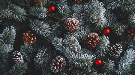 Fir and spruce branches with cones and red Christmas balls and baubles covered with frost abstract background.の素材