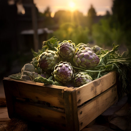 Artichokes harvested in a wooden box in artichoke field with sunset. Natural organic vegetable abundance. Agriculture, healthy and natural food concept.の素材