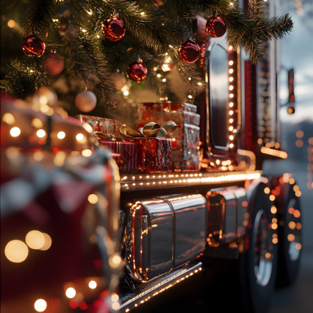 Decorated Christmas tree with gifts inside a truck standing on a passanger seat. Concept of Christmas celebration during travel and holiday.の素材