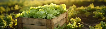 Iceberg lettuce in a wooden box with field and sunset in the background. Natural organic fruit abundance. Agriculture, healthy and natural food concept. Horizontal composition.の素材