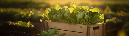 Pak Choi salad in a wooden box with field and sunset in the background. Natural organic fruit abundance. Agriculture, healthy and natural food concept. Horizontal composition.の素材