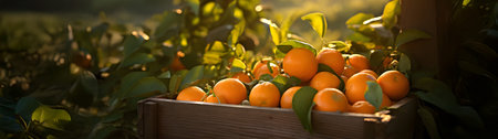 Oranges harvested in a wooden box with orchard and sunshine in the background. Natural organic fruit abundance. Agriculture, healthy and natural food concept. Horizontal composition.の素材