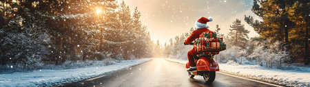 Santa Claus riding his scooter carrying gifts in winter forest and sunshine in the background. Concept of delivery, logistics, transportation and Christmas.の素材