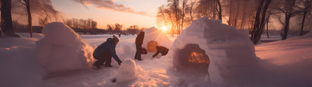 Group of children building igloo in winter countryside with snow covered surface, trees and sunset in the background.の素材