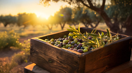 Olives harvested in a wooden box in a plantation with sunset. Natural organic fruit abundance. Agriculture, healthy and natural food concept. Horizontal composition.の素材