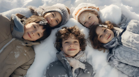 Group of children lying on the snow covered surface with snow on their hats, hair and clothes smiling, happy, having fun. Focused on their heads, top view. directly above, horizontal.の素材