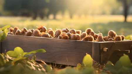 Edible chestnut nuts harvested in a wooden box in a plantation with sunset. Natural organic fruit abundance. Agriculture, healthy and natural food concept. Horizontal composition, banner.の素材