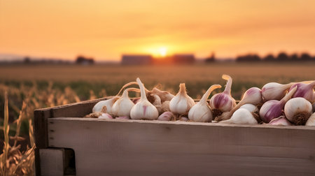 Garlic harvested in a wooden box with field and sunset in the background. Natural organic fruit abundance. Agriculture, healthy and natural food concept. Horizontal composition.の素材