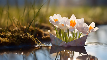 Paper boat with spring flowers and blooms floating on the water surface. Concept of spring, freedom and hope.の素材