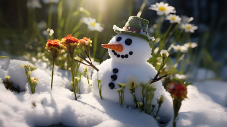 Snowman on a meadow with grass and spring flowers growing through the melting snow. Concept of spring coming and winter leaving.の素材