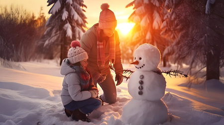 Young family building snowman in winter countryside with snow covered surface, spruce and fir trees and sunset in the background. Horizontal composition.の素材