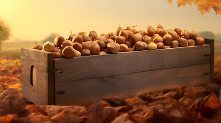 Almond nuts harvested in a wooden box in a plantation with sunset. Natural organic fruit abundance. Agriculture, healthy and natural food concept. Horizontal composition.の素材