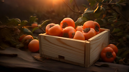 Persimmon fruit harvested in a wooden box in a field with sunset. Natural organic vegetable abundance. Agriculture, healthy and natural food concept. Horizontal composition.の素材
