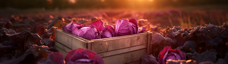 Red Cabbage harvested in a wooden box with field and sunset in the background. Natural organic fruit abundance. Agriculture, healthy and natural food concept. Horizontal composition.の素材