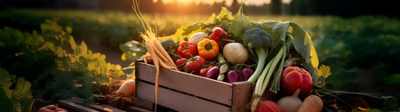 Various kinds of vegetables harvested in a wooden box in a field with sunset. Natural organic fruit abundance. Agriculture, healthy and natural food concept. Square composition.の素材