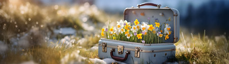 Vintage suitcase with spring flowers and blooms lying on the meadow with the rests of melting snow and grass growing. Concept of spring coming and winter leaving.の素材